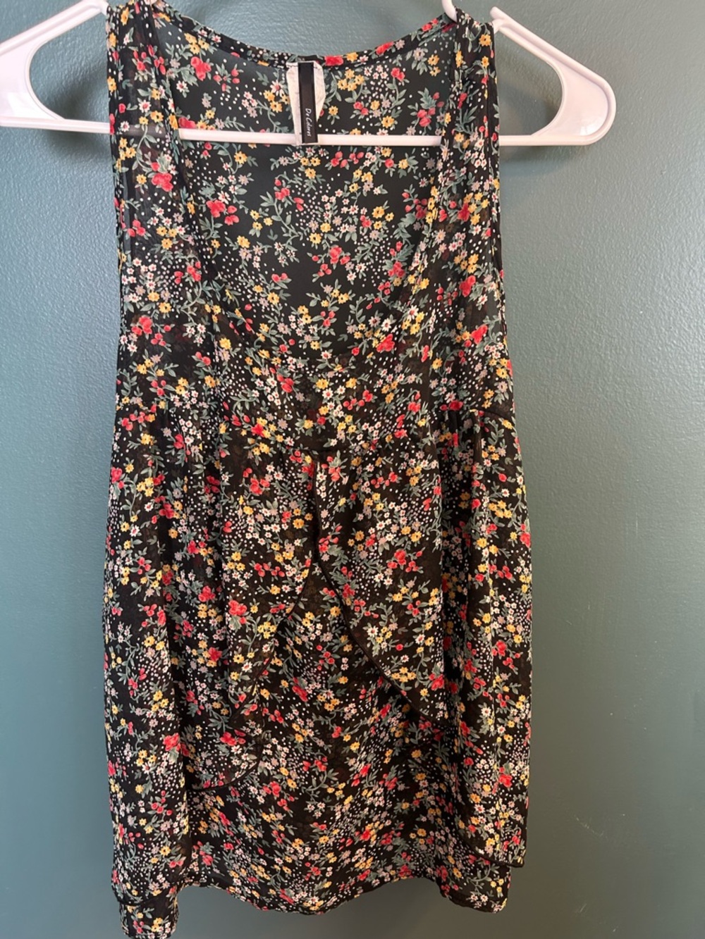 Black Floral Sleeveless Blouse with Red & Yellow Accents